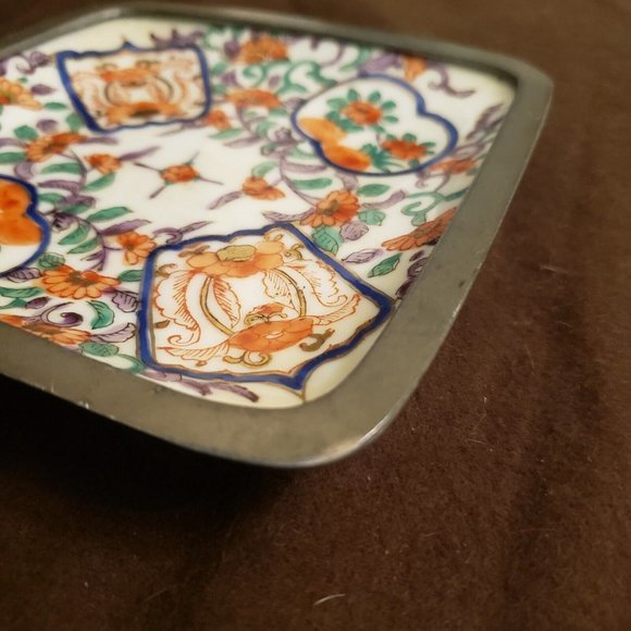 Vtg A.C.F. Japanese Porcelain Ware Bowl Wrapped Pewter Floral Hong Kong decorate - Picture 7 of 16